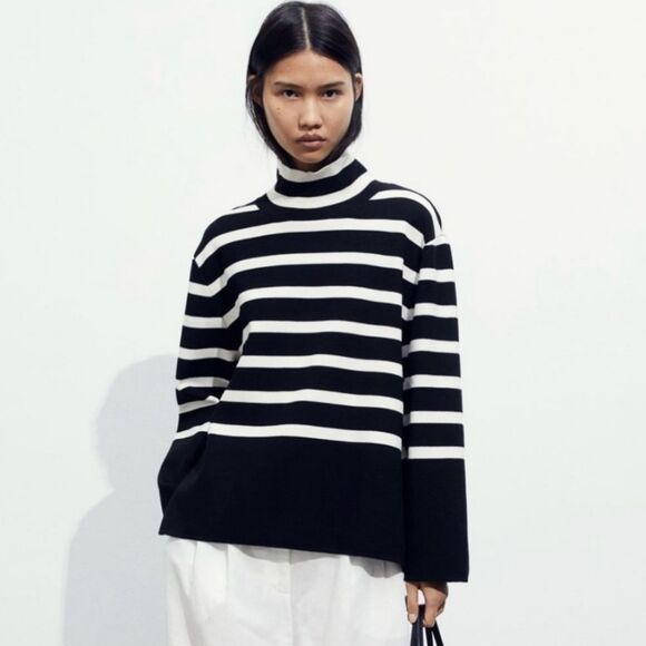 H&M Striped Mock Neck Sweater Black Cream Size M - Picture 11 of 12